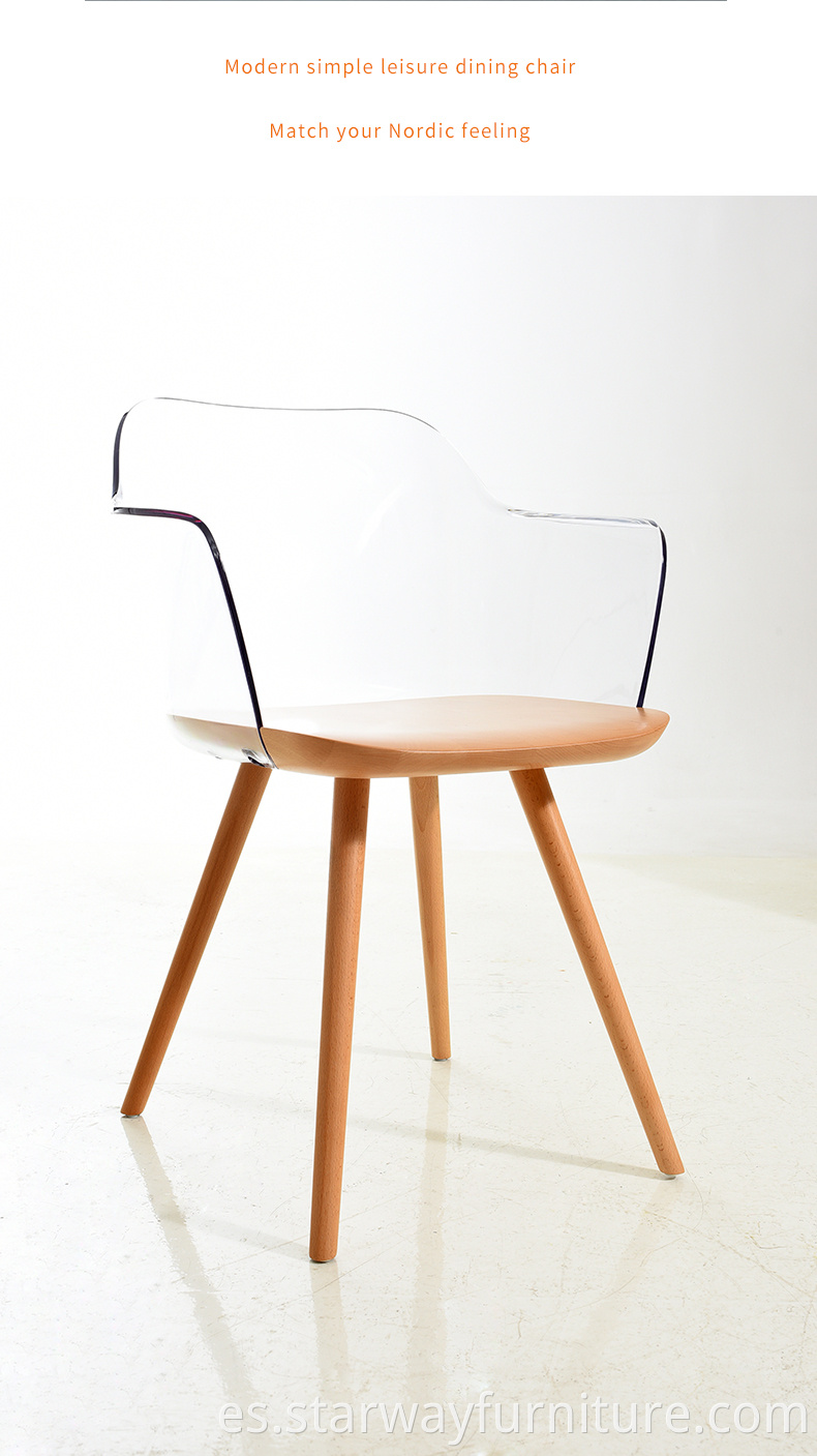 Nuevo asiento de plástico transparente de PC de diseño con sillón de marco de madera para sala de estar y restaurante